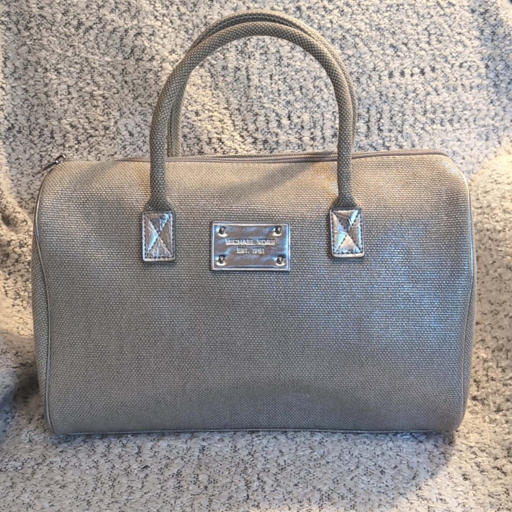 Michael Kors Tan Canvas Satchel with Silver Leather Trim And Details
